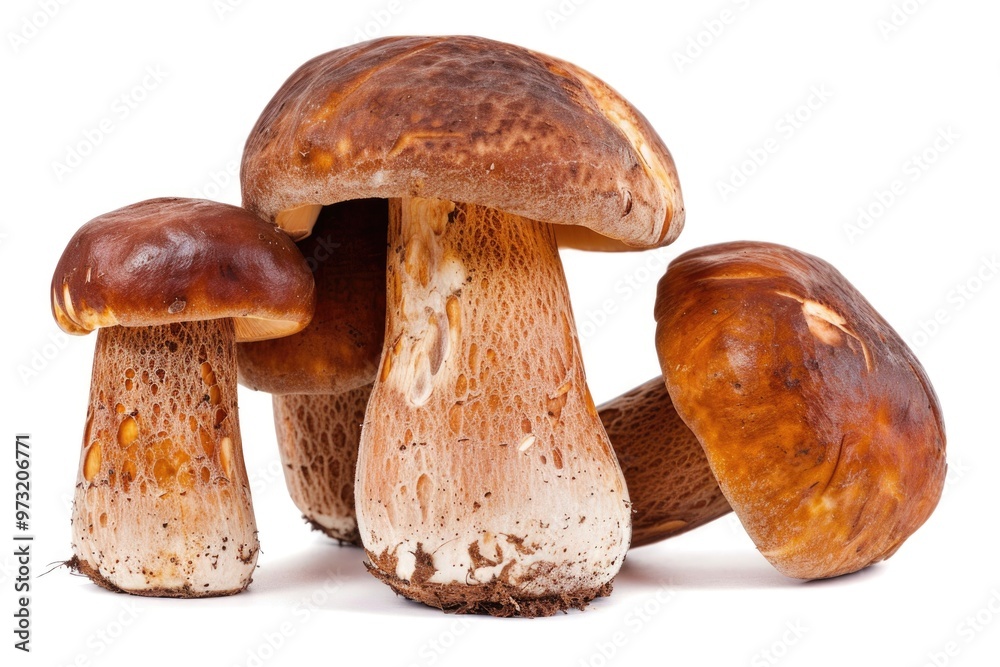 Poster a cluster of various mushrooms on a clean white background