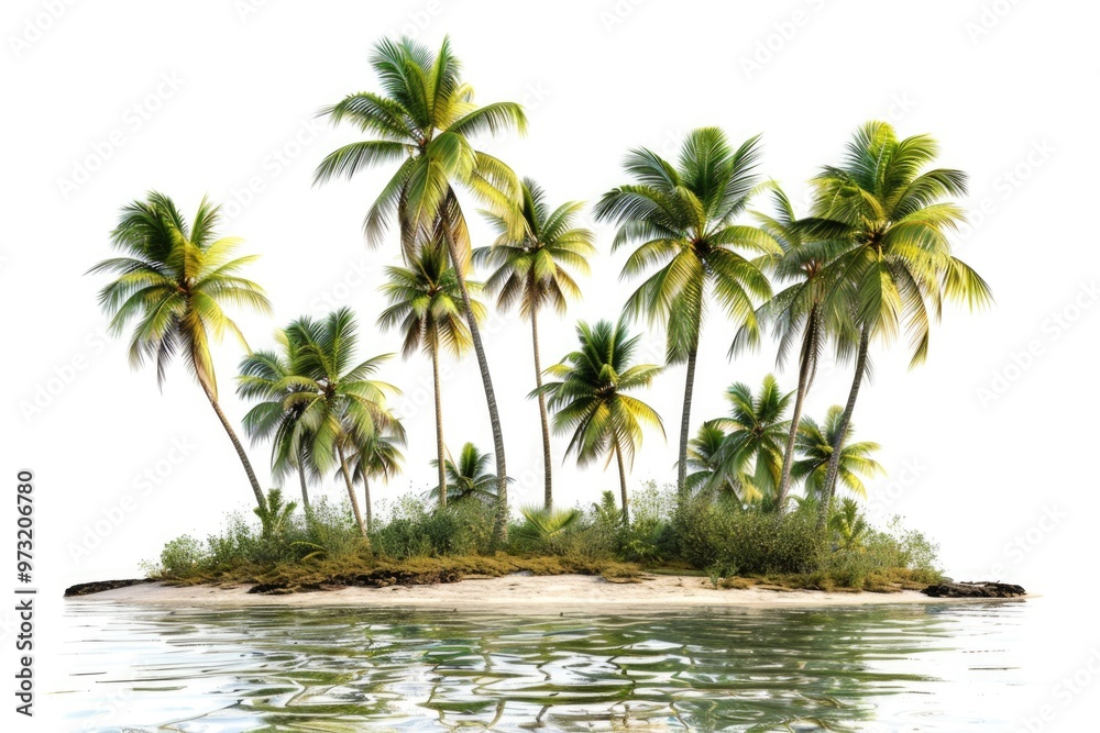 Poster a cluster of palm trees sits atop a small island in a serene environment, great for travel or tropic