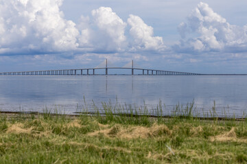 Sunshine Skyway Bridge viewed from beach at on Fort Desoto Park Pinellas County Florida