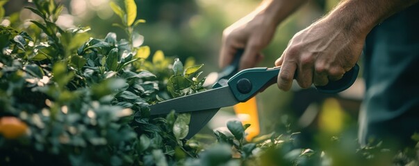 Obraz premium Gardener trimming green hedges with precision under the warm glow of sunlight, showcasing detailed craftsmanship and care