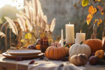 Autumn table setting with pumpkins and candles