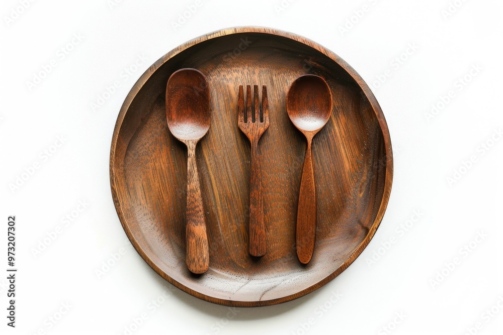 Poster A set of wooden utensils including three spoons and one fork, placed on a plate