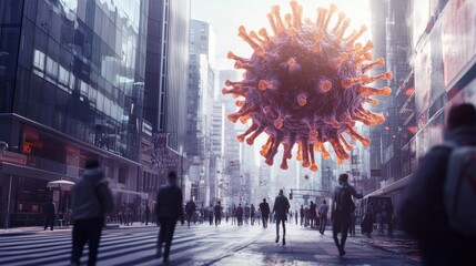 Huge monkeypox virus hovering over a city street with pedestrians walking by. Concept of viral outbreak in an urban environment.