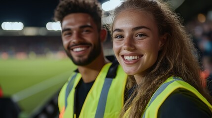 Joyful young volunteers at nighttime sports event in high-visibility vests - Powered by Adobe