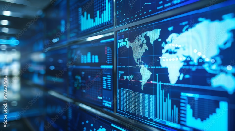 Poster High-tech office with multiple monitors displaying data analytics and global business metrics, reflecting the integration of digital tools in international commerce. 
