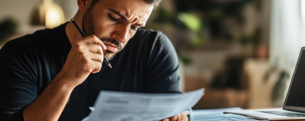 Focused man working on tax documents and financial calculations with a laptop at a wooden desk in a casual setting