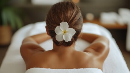 Relaxation and wellness: woman enjoying spa massage with floral hair decoration