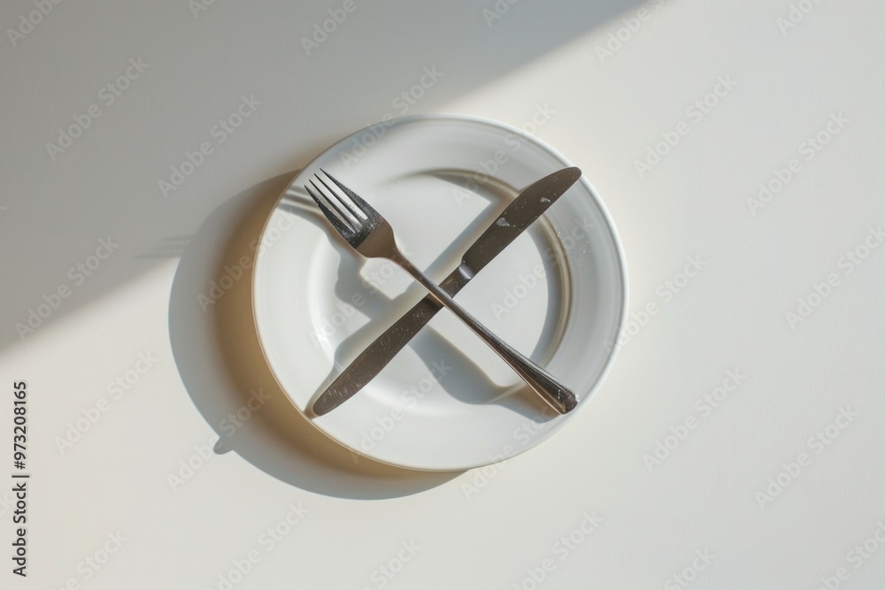 Poster A simple white plate with a fork and knife placed on it, suitable for use in various settings