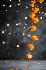 Marigold flowers on the dark background with copy space. Day of the Dead, Dia de muertos greeting card. Festive card for mexican holiday.