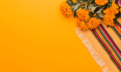 Serape blanket and marigold flowers on the orange background with copy space.  Flat lay. Traditional mexican textile ornament. Day of the Dead, Dia de muertos greeting card. 