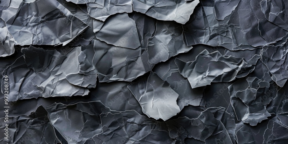 Poster a close-up shot of a dark grey rock wall with sharp edges and ridges, suitable for use in adventure 