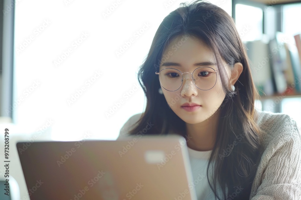 Poster a person sitting in front of a computer, focused on the screen