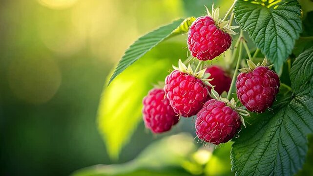 Close-up of ripe red raspberries hanging from lush green vines, bathed in soft natural sunlight. 