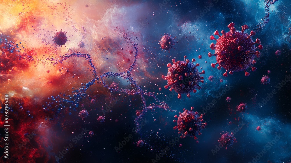 Poster floating virus particles with a glowing dna helix, symbolizing viral mutation and the spread of cont