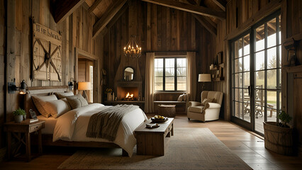 Rustic barn room design blending natural elements with modern comforts.