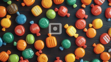 Fototapeta premium Halloween candy in vintage wrappers on an old wooden table, nostalgic vibe, 3D illustration