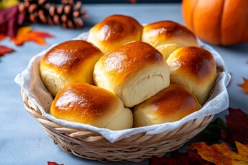 A basket of warm, freshly baked dinner rolls, ready to be served with butter alongside the Thanksgiving feast