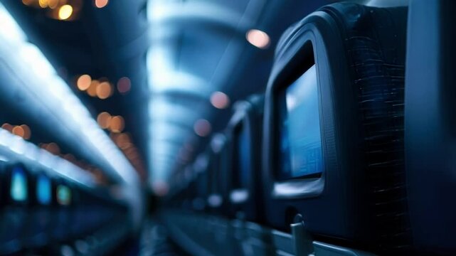 Luxurious private jet cabin with empty seats and screens displaying entertainment, offering top notch technology and service for stylish travelers