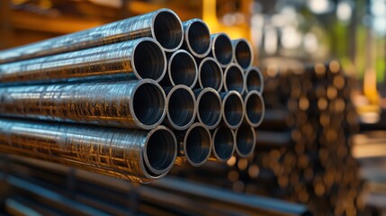 Close-up of stacked steel pipes in industrial setting for metalwork and construction design