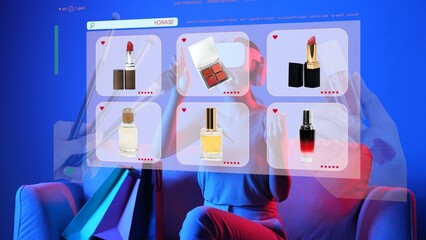 Sitting on sofa of woman in VR to metaverse interacting with shopping online website between lipstick or perfume product interface collection cosmetic application neon lighting at home. Hallucination.