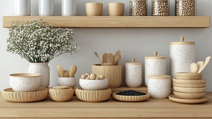 An aesthetically pleasing arrangement of wooden kitchenware on a shelf, featuring various bowls, jars, and decorative flowers.