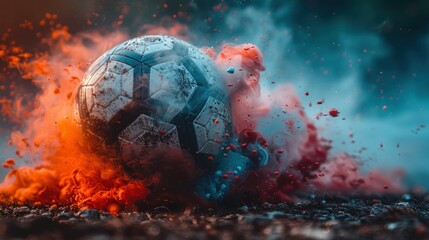 Colorful Soccer Ball Amidst Red and Blue Smoke