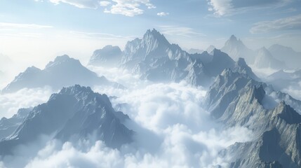 Obraz premium Majestic mountain scenery with sharp, rocky peaks jutting through a thick layer of clouds, creating a stunning contrast against the bright sky. Close-up photo with clean background