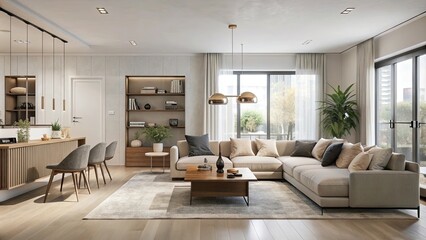 Fototapeta premium Elegant minimalist home interior with clean lines, neutral colors, and modern furnishings, creating a serene and uncluttered living space.