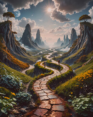 Beautiful fantasy landscape with a path in the middle of the mountains