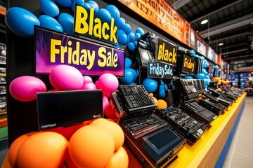 A colorful display of electronics with big "Black Friday Sale" signs above each item, highlighting unbeatable prices