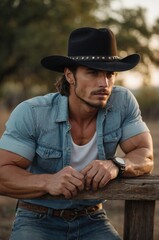 Fototapeta premium Handsome man in a cowboy hat leaning on a fence during golden hour in a scenic rural setting. Generative AI