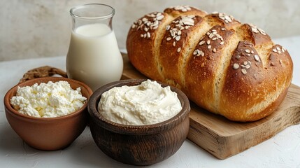 Naklejka premium Fresh braided bread with curd and milk - rustic breakfast food photography