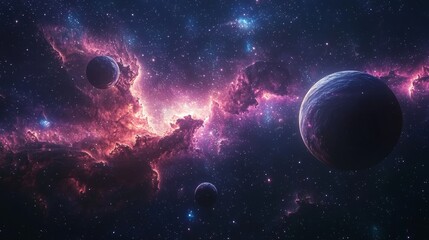 A cosmic scene with 3D glowing planets, stars, and nebulas, creating a captivating and luminous outer space environment