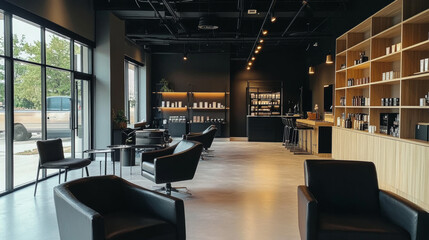 A stylish salon with big, comfy black leather chairs. It's modern, inviting, and filled with light.