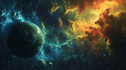 Obraz premium A cosmic scene with 3D glowing planets, stars, and nebulas, creating a captivating and luminous outer space environment