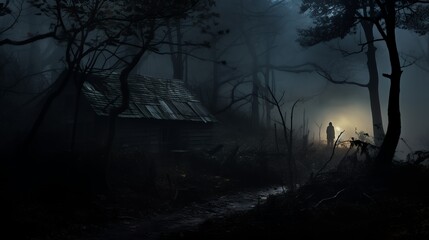 A lone figure stands in a dense, misty forest with a small cabin in the background.