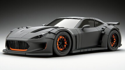Fototapeta premium Sleek black sports car with striking orange accents, showcasing modern automotive design and high-performance features.