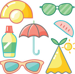 Summer cute elements set. Swimsuit, ice cream, palm leaves, beach umbrella, soda. Isolated vector illustration for posters, cards, background