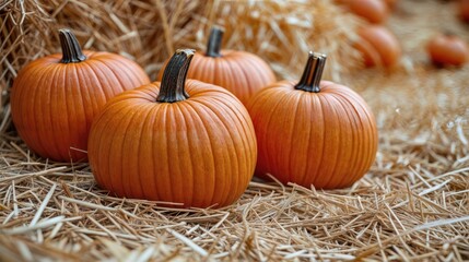 Orange pumpkins on straw. Autumn harvest.