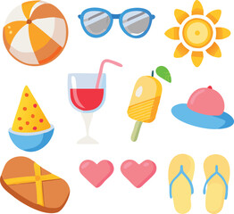Summer cute elements set. Swimsuit, ice cream, palm leaves, beach umbrella, soda. Isolated vector illustration for posters, cards, background