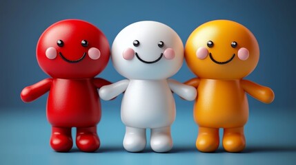 Three colorful, smiling toy figures standing together against a blue background, embodying joy and playfulness.