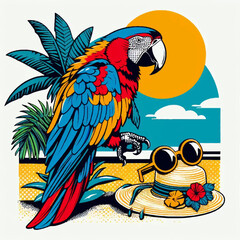 colorful parrot on the beach with palm trees summer pop art illustration