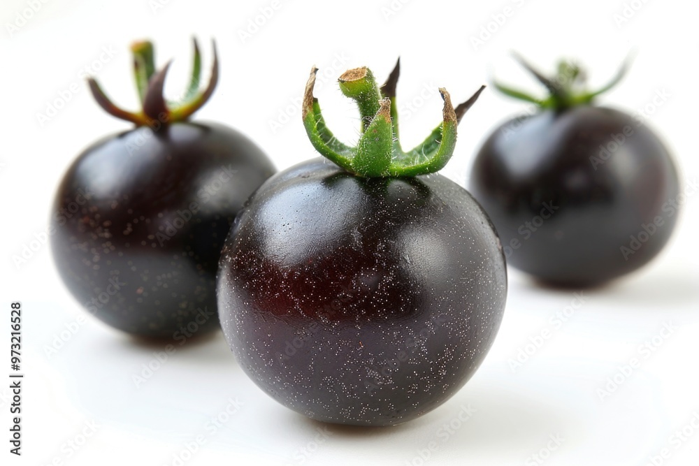 Poster three black tomatoes sit on a white surface, ready for use or display