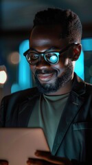 Obraz premium Professional in office using tablet at night, smiling while reading emails about career development and project growth, focused on feedback for startup success