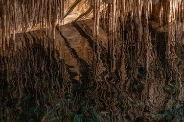 scenic reflections of stalactite in a cave