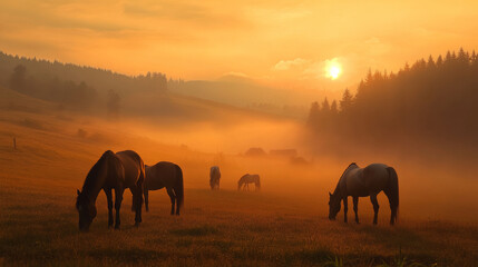 Arabian horses graze in a field as the sun sets, casting orange light. The scene is dramatic and foggy, with the Carpathian mountains in the background. This beautiful place is in Ukraine, Europe.