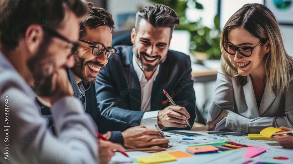 Poster group brainstorming session with sticky notes, ideal for business or corporate use