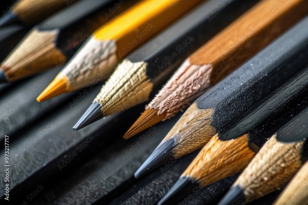 Poster a pile of pencils stacked on top of each other, perfect for illustrating a creative workspace or a a