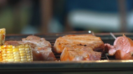 Family gather celebrate holiday, Family member grill food for dinner party. Outdoor camping activity to relax with tasty meal and spend time with young generation cross generation gap. Divergence.