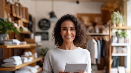 Confident woman smiling with tablet in modern retail clothing store